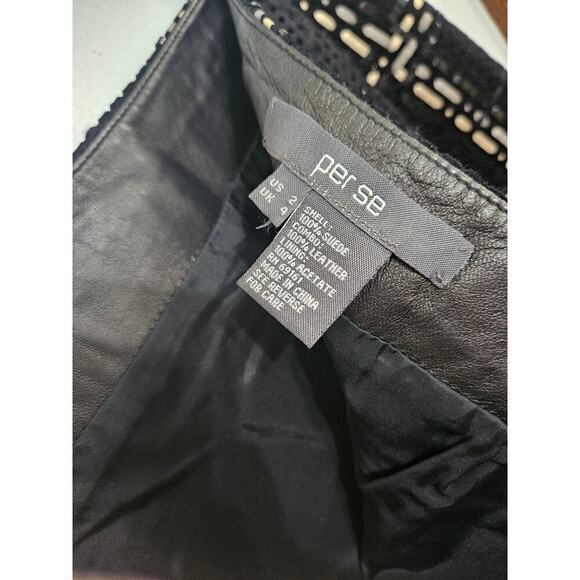 Per Se Leather Suede Perforated Plaid Black High Waist Knee Length Skirt Sz 2 XS - Picture 7 of 7